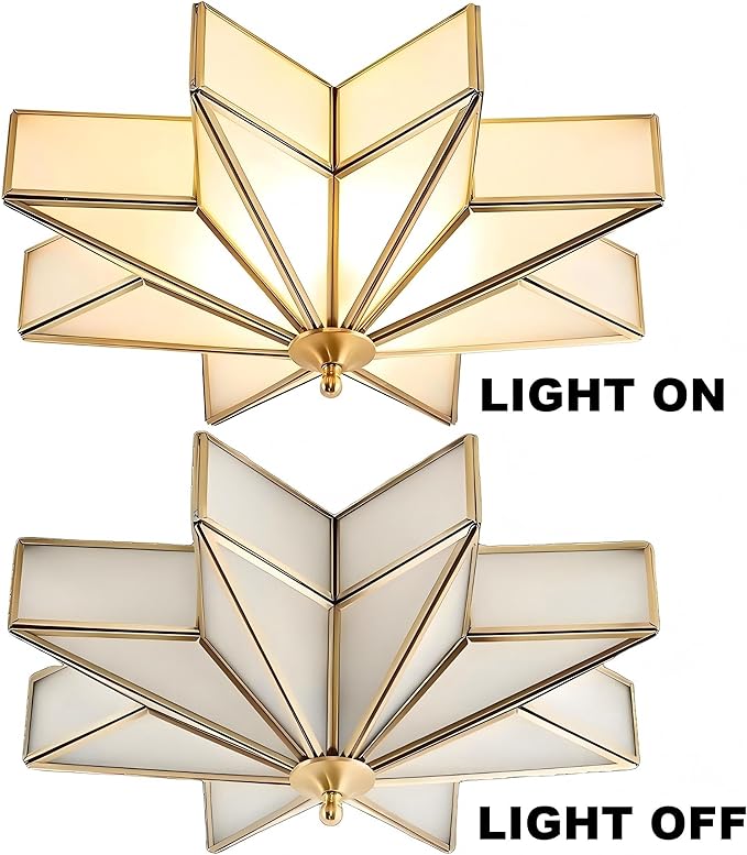 LIGHTLAND 19.7 Inch Flush Mount Star Ceiling Light, 4 Lights Brass Ceiling Lamp with Glass Lampshade, Art Deco Close to Ceiling Light Fixtures for Bedroom Living Room Entryway Hallway, Gold