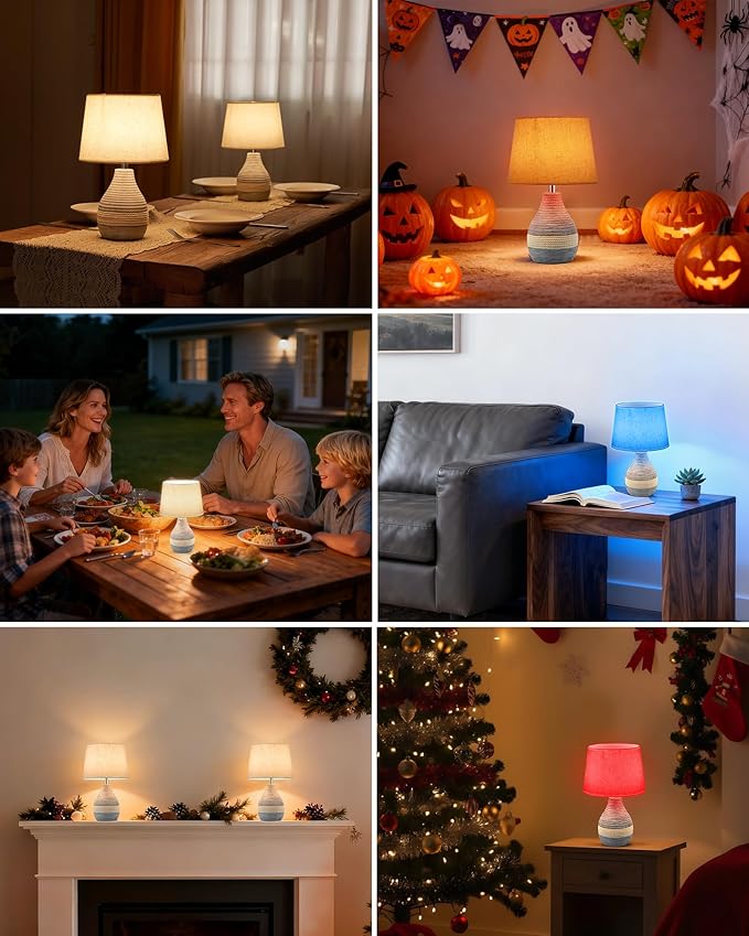 13" H Small Rechargeable Cordless Ceramic Table Lamp with Remote – RGB, Warm White Light, Timer, Dimmer – Battery Operated Lamp with Linen Shade for Patio, Bedroom, Living Room, Dining Table