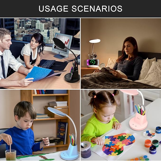 LED Desk Lamps with Pen Holder, Desk Lamp with Wireless Charger, Dimmable Touch Control Lamp with 3000k 4000k 5000k 3 Color Modes Adjustable, Black, Round Shaped