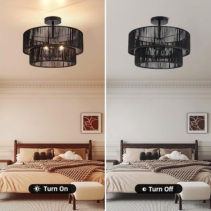 15.7'' Black Boho Light Fixtures Ceiling Mount Coastal Hemp Rope Semi Flush Mount Ceiling Light Fixture 3-Light Rattan Light Fixtures with 2-Tier Drum Shade for Dining Room Kitchen Entry