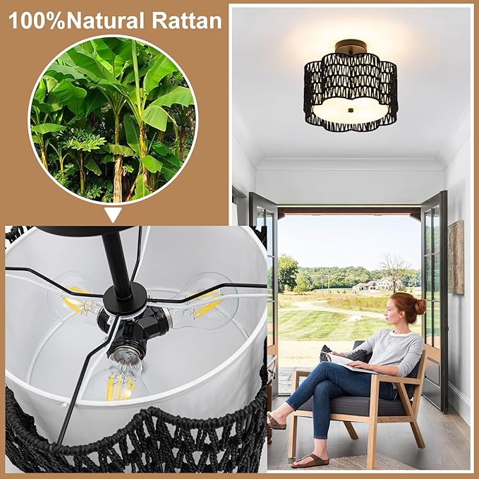 Tbaoinla✿ 13.8" Handwoven Rattan 3-Light | Black Boho Flush Mount for Small Bedroom & Nursery, Midnight Blossom Woven Ceiling Light, Natural Fiber Bedroom Fixture, Low Profile Rattan Lighting