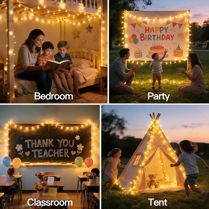 Ollny Fairy Lights Battery Operated, 100 LED 33FT Battery Powered String Lights, 8 Modes Waterproof LED Light for Bedroom Indoor Outdoor Camping Classroom Party Decor, Warm White