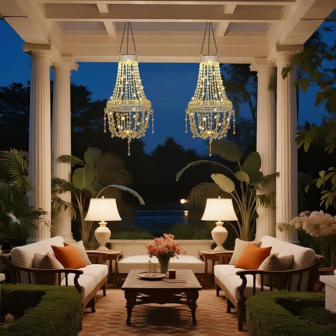 Hanging Solar Lantern Outdoor Chandelier, Waterproof Modern Crystal Acrylic Pendant Light with Warm White LED S Hook Gifts for Women Garden Decor Light for Gazebo, Patio, Yard, Party, Wedding
