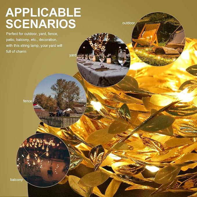 Uonlytech Gold Leaves String Light 100 LED Rattan Fairy Light Battery- Powered Copper Wire Light Window Curtain Haing Lamp for Indoor Outdoor Home Tree Garden Decor