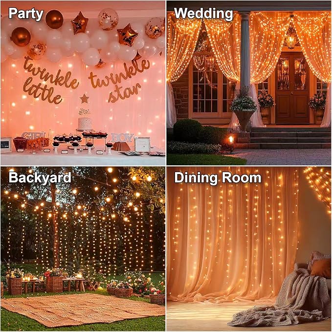 HXWEIYE 300LED Fairy Curtain Lights, 9.8x9.8Ft USB Plug-in 8 Modes Christmas String Hanging Lights with Remote for Bedroom Backdrop Wedding Indoor Wall Decor, Orange, Standard – 1 Pack