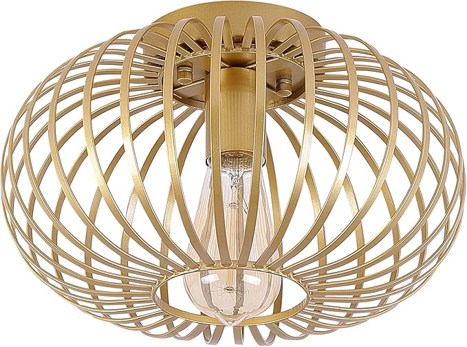 Fivess Lighting Modern Gold Flush Mount Light Fixture Metal Cage Single Semi Flush Mount Ceiling Light for Hallway Bedroom Kitchen Entryway Farmhouse