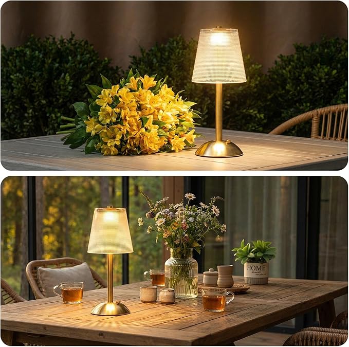 Liliful 2 Pcs Cordless Table Lamp Rechargeable Touch LED Small Gold Portable Battery Operated USB-c Desk Lamp 3 Color Dimmable for Bedroom Living Room Dining (Gold,Retro Style)