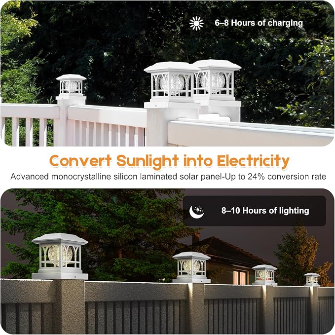 Fence Post Solar Lights, Crackle Glass Solar Post Cap Lights, 20 Lumens, Warm White & RGB Automatic Cycling 2 Modes for 3.6x3.6 4x4 4.5x4.5 5x5 Vinyl Wooden Posts Decoration, White (2 Pack)