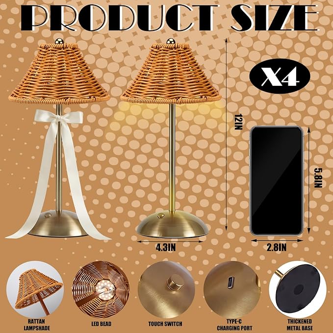 4 Pack Wedding Cordless Rattan Table Lamps Wicker Night Light LED Rechargeable Reading Lights 3 Color Portable Touch Control Party Decor with Bows for Outdoor Party Wedding Patio