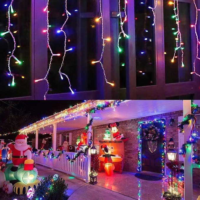 Techip Halloween Christmas Lights Outdoor, 33ft 400 LED Icicle Lights for Outside, Plug in Curtain String Lights Twinkle Tree Lights 8 Modes Waterproof for Patio Party Holiday Decorations Colorful