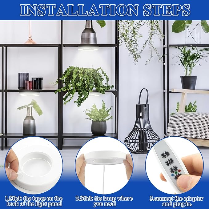 Tujoe 3 Pcs Ceiling Grow Light Self Adhesive Grow Lights for Indoor Plants 144 LED Light with 4/8/12h Auto Switch, 4 Dimmable Brightness Sun Lamp for Plants Full Spectrum Plant Growing Lamps