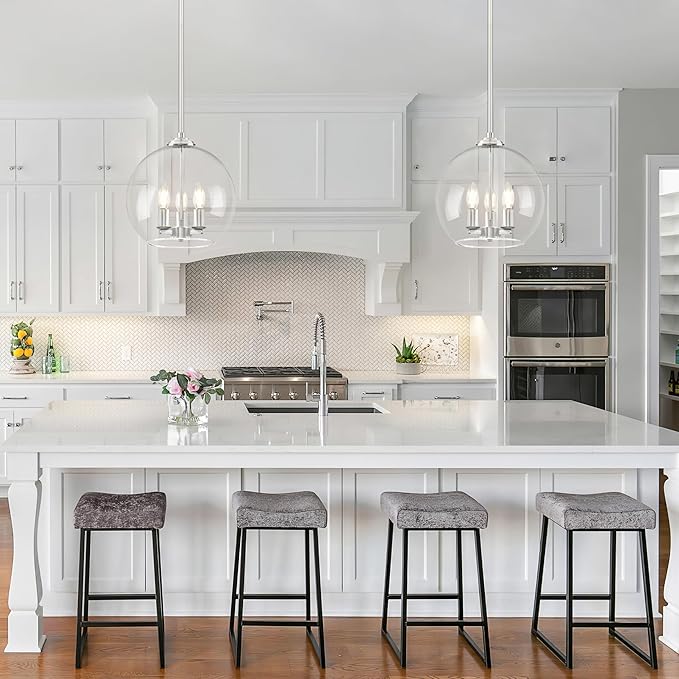 12" Globe Pendant Lights Kitchen Island 2 Pack Glass Globe Pendant Light Fixture Bedroom Mid Century Modern Pendant Lighting Nickel Pendant Light for Kitchen Island (Bulb Incl.)