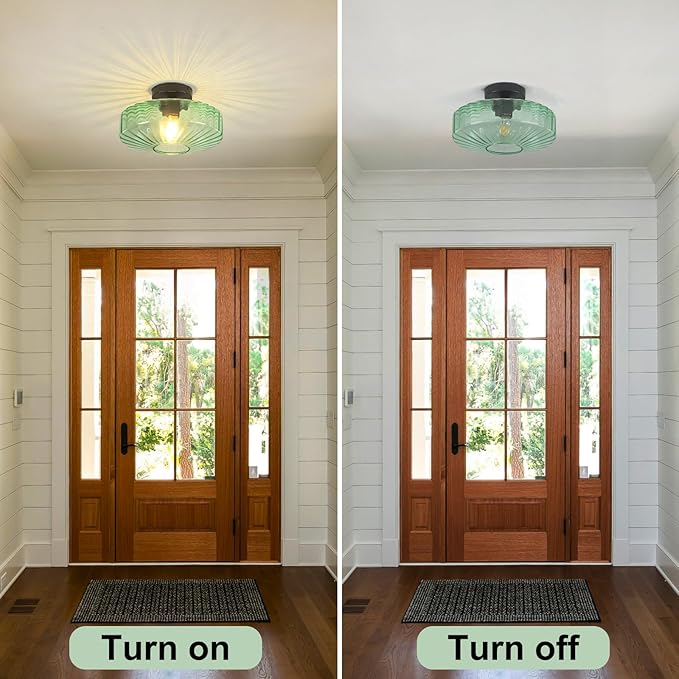 Semi Flush Mount Ceiling Light, 11.8" Vintage Green Glass Ceiling Lights, 1-Light Mid Century Modern Drum Close to Ceiling Light Fixtures for Bedroom Kitchen Entryway Hallway Porch Foyer