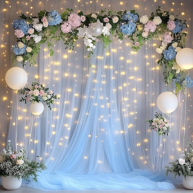 Tulle Backdrop Curtain with Lights String 10FT X 8FT Baby Blue Sheer Tulle Backdrop Curtains for Wedding Birthday Party Reception Photo Booth Background Decorations (2 Panels 5x8FT)