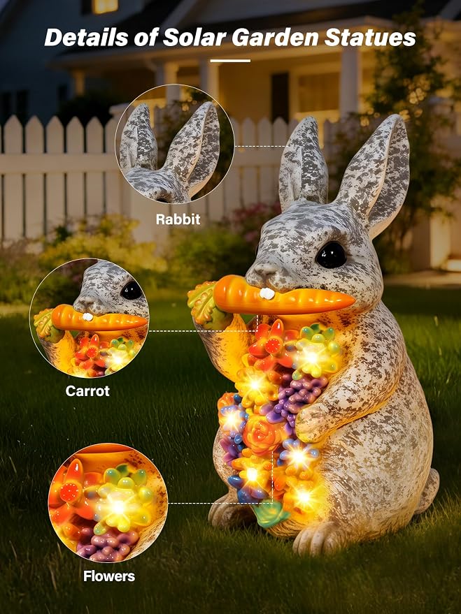 Guhope Solar Garden Statues, Outdoor Bunny Decor with Succulent and 6 LED Lights, Outside Yard Figurine Decor for Garden, Lawn, Balcony, Porch, Unique Gifts for Mom Grandma