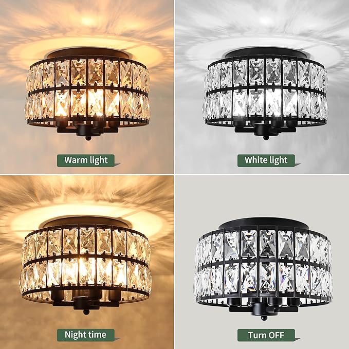 Black Crystal Flush Mount Ceiling Light, 4 Lights Black Dining Room Light Fixtures with E12 Base, Modern Close to Ceiling Light Fixture for Bathroom, Hallway, Kitchen, Bedroom, Entryway