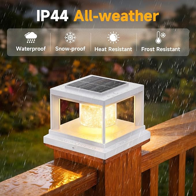 FOLKSMATE Solar Post Cap Lights 8 Pack, 2 Lighting Modes Cool/Warm White Outdoor Solar Powered, Waterproof Fence Deck Lights for 4×4 3.5×3.5 Wood Vinyl Posts, for Garden Patio Porch Decor, White