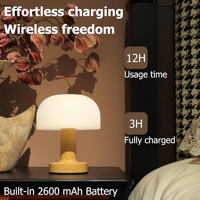 HAPYGI Small Mushroom Table Lamp, Cordless Night Light with 2600mAh Rechargeable Battery, Stepless Dimming Desk Lamp with 3 Colors for Bedroom/Patio/Living Room (White-1)