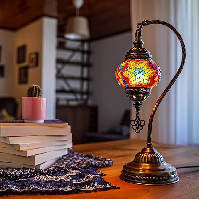 Turkish Moroccan Mosaic Table Lamp - Tiffany Handmade Colorful Mosaic Lamp, Decorative Glass Antique Bohemian Vintage Lamp Shade, Swan Neck Bedside and Table Desk Lamp,15 ½ inch