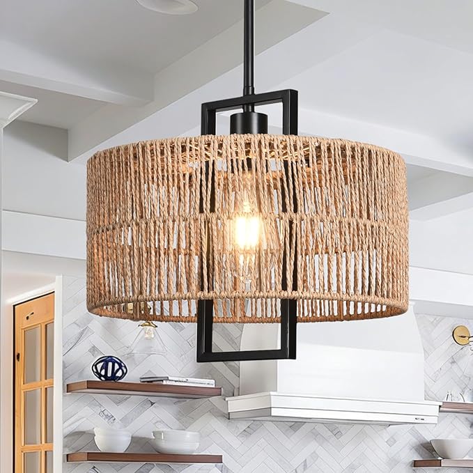 1-Light Boho Light Fixture 12.60" Rattan Pendant Light for Kitchen Island Hand Woven Rustic Dining Room Light Fixture Rattan Pendant Light Fixture