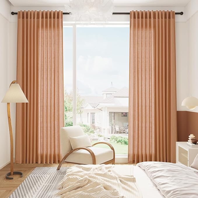 Peach Quartz Linen Curtains 102 Inch Length 2 Panels Back Tab Rod Pocket Semi Sheer Light Filtering Curtains Burlap High Window Living Room Neutral Farmhouse Decor for High Ceiling Spaces 52x102