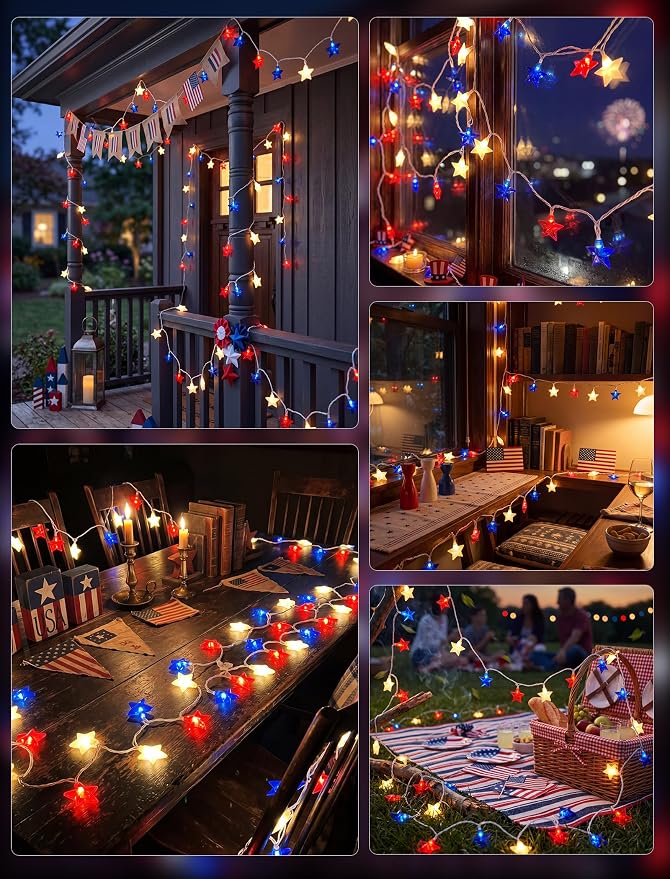 10 LED Red White Blue Star String Lights Outdoor, 8.5Ft 4th of July Decorations Lights Waterproof, Connectable Plug in Patriotic Star Fairy Lights for Home Patio Independence Day Memorial Day Flag Day