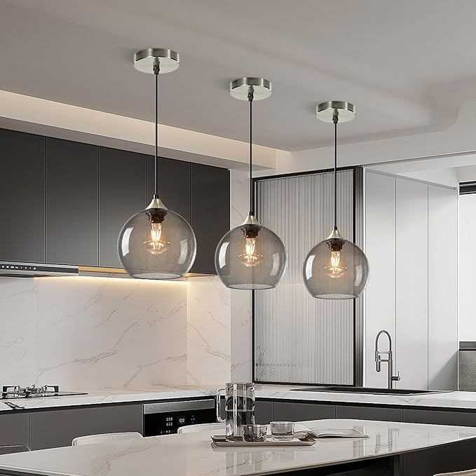 7.1in Medium Light Gray Glass Pendant Light for Kitchen Island, 3-Pack with Extra LED Bulbs & 4.92ft Adjustable Cord | Modern Minimalist Lighting for Dining Room, Living Room, Entryway