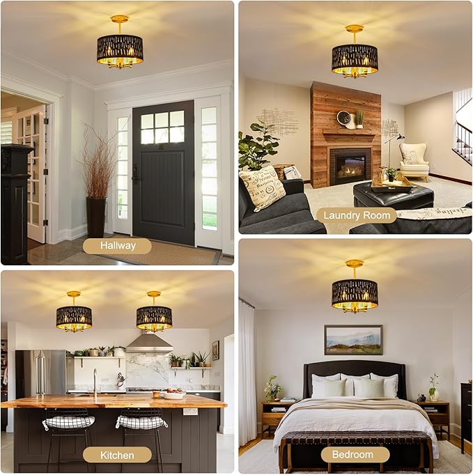 Drum Semi Flush Mount Lighting Fixture, Modern Semi Chandeliers, Fabric Farmhouse Ceiling Light, Black Fabric Shade 3-Light for Kitchen Island Bedroom Hallway Foyer, E26, W12xH14