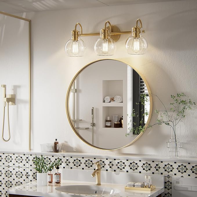 Gold Vanity Light, 3 Light Bathroom Light Fixtures, Modern Bathroom Vanity Lights Fixtures Over Mirror with Clear Globe Glass Shade, Gold Wall Sconces for Bathroom Hallway, E26 Base