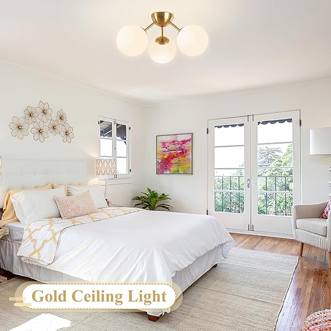 Mid-Century Modern Semi Flush Mount Ceiling Light 3 Lights Opal Glass Modern Globe Ceiling Light Gold Brass Sputnik Chandeliers for Hallway Entryway Kitchen Bedroom Laundry(Bulb Incl.)