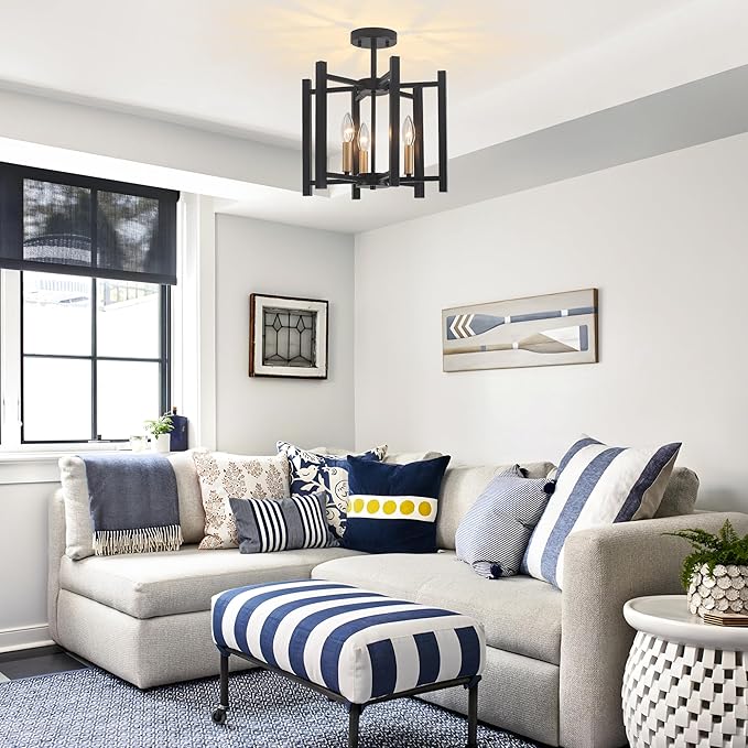 14.6'' Ceiling Light Fixture, 3-Light Black and Gold Semi Flush Mount Ceiling Light Fixture, Modern Farmhouse Industrial Ceiling Light for Hallway Entryway Kitchen Dining Room Bedroom