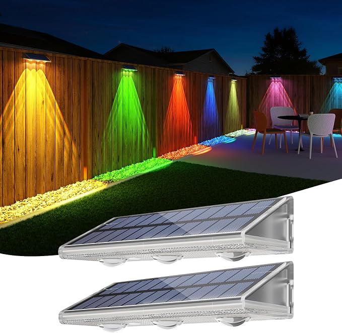 YiLaie Solar Fence Lights Outdoor with IP67 Waterproof, RGB Multi Color & Dusk to Dawn Auto ON/Off Solar Power Wall Mount Solar Lights for Outside Fence Wall Deck Gate (2 Pack)