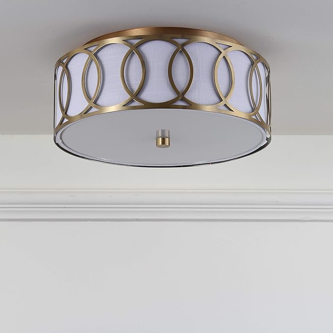 JONATHAN Y 12.25" Brass Gold 2-Light Modern Metal LED Flush Mount Ceiling Light for Bedroom Hallway, White Linen Drum Shade with Geometric Fretwork, LED Bulbs Included JYL3502A