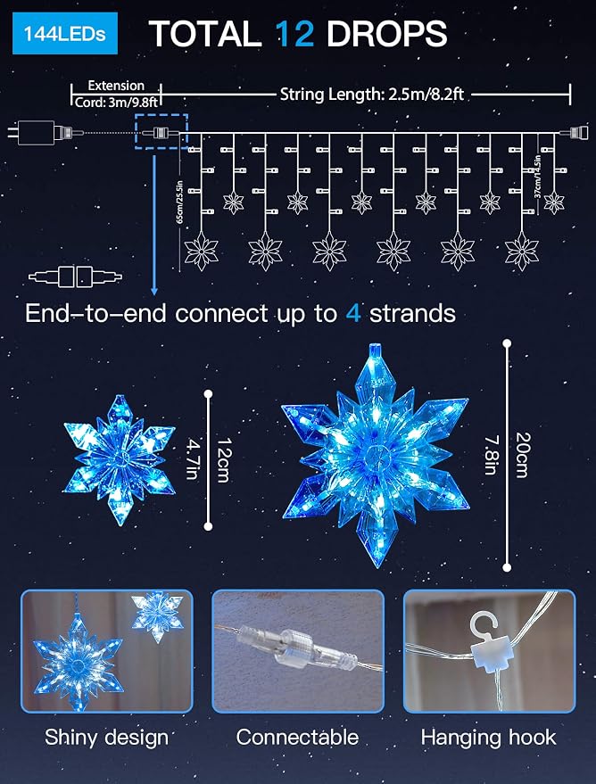 Christmas Snowflake Lights,8.2ft 144LED Curtain Icicle Lights with 12 Drops,Connectable 8 Modes Timer Xmas Icicle Light Plug in for Bedroom,Window,Wedding,Indoor Outdoor Decor,Blue White
