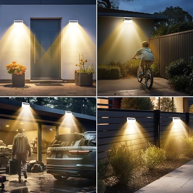 Peasur 1 Pack 368 LED Solar Lights Outdoor Motion Sensor, Solar Fence with 3 Lighting Modes, Powered Security Waterproof for Outside Yard Wall Garden,White Warm