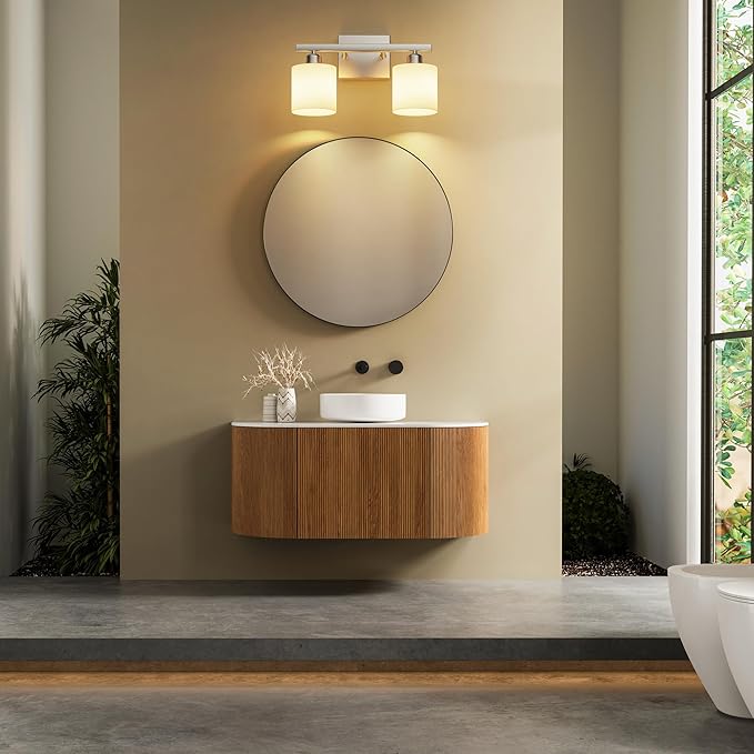 PARTPHONER Bathroom Light Fixtures, Bathroom Lighting Fixtures Over Mirror, Classic Vanity Lights, Modern Vanity Light with Textured Frosted Opal White Glass Shades, Brushed Nickel, 2-Light