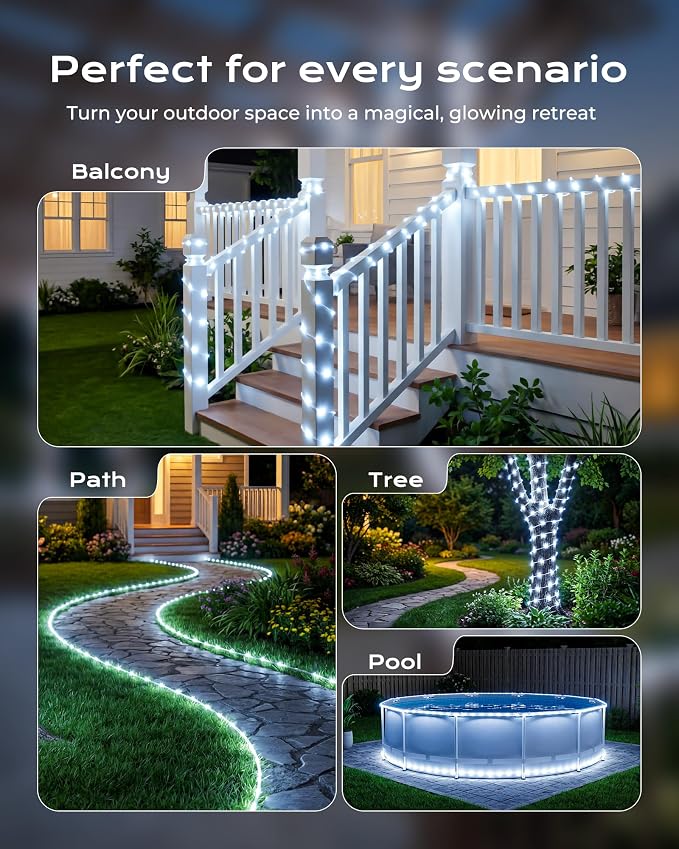 Brightown 2 Pack Solar Rope Lights, Total 78FT 200LED Pure White Solar String Lights Outdoor, IP65 Waterproof Solar Powered Fairy Lights with 8 Lighting Modes for Yard Garden Patio Tree Decoration