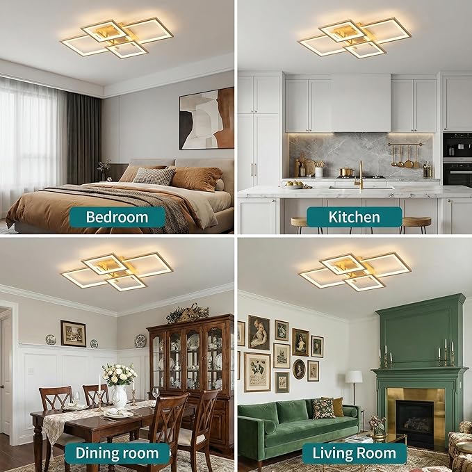 Modern LED Ceiling Light, Square LED Flush Mount Ceiling Light, Dimmable Kitchen Light Fixtures with Remote&APP, Close to Ceiling Lighting Fixture for Dining Room Kitchen Living Room Bedroom(Gold)