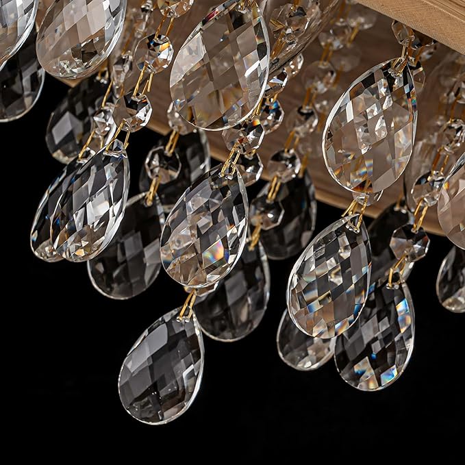 3-Light Drum Wood & K9 Crystal Ceiling Lights, Farmhouse Style Semi-Flushmount Light Fixture for Dining Room, Living Room & Bedroom, D12 * H14 inch, Solid Wood Lampshade & Gold Finish
