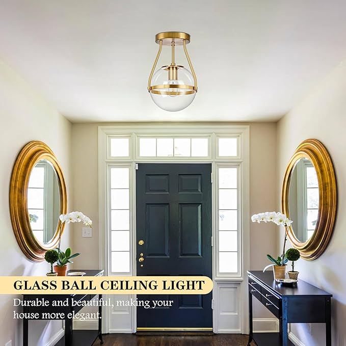 Bagood 8 Inch Mid Century Ceiling Light Modern Gold Semi Flush Mount Ceiling Light with Clear Glass Shade Globe Semi Flush Mount Ceiling Light Fixture for Bedroom Hallway Bathroom Foyer (Bulb Incl.)