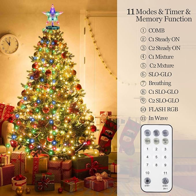 Christmas Tree Lights with Star Topper, 410LED Christmas String Lights with Ring for Tree, 6.6FT x 16 Lines Fairy Lights with 11 Modes for Indoor Outdoor Xmas Tree Decor, Warm White & Multi-Colored