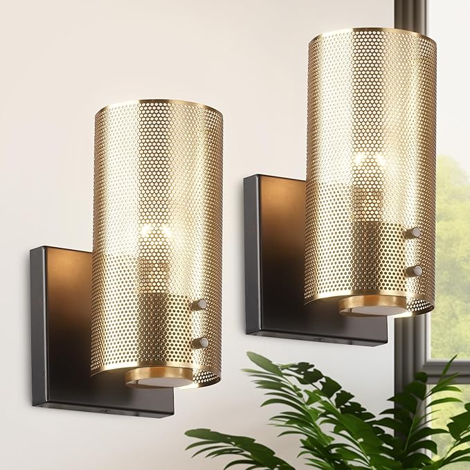 Hamilyeah Industrial Wall Sconces Set of Two, Vintage Brass Gold Sconces Wall Lighting Fixture with Grid Mesh Shade, Indoor Hardwired Wall Sconces for Bedroom Home Theater Bathroom
