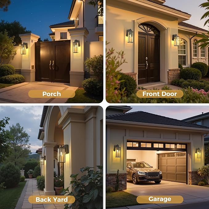 DORESshop Upgraded Dusk to Dawn Outdoor Wall Lights with GFCI Outlets, 16 Inch Matte Black Waterproof Anti-Rust Outdoor Light Fixtures with Clear Glass, Exterior Light Fixtures for Porch, Garage, ETL