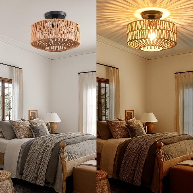Ceiling Light Fixture,Hand-Woven Rattan Flush Mount Ceiling Light,Farmhouse Light Fixtures Ceiling Mount Boho for Hallway Bedroom Kitchen Entryway Living Room