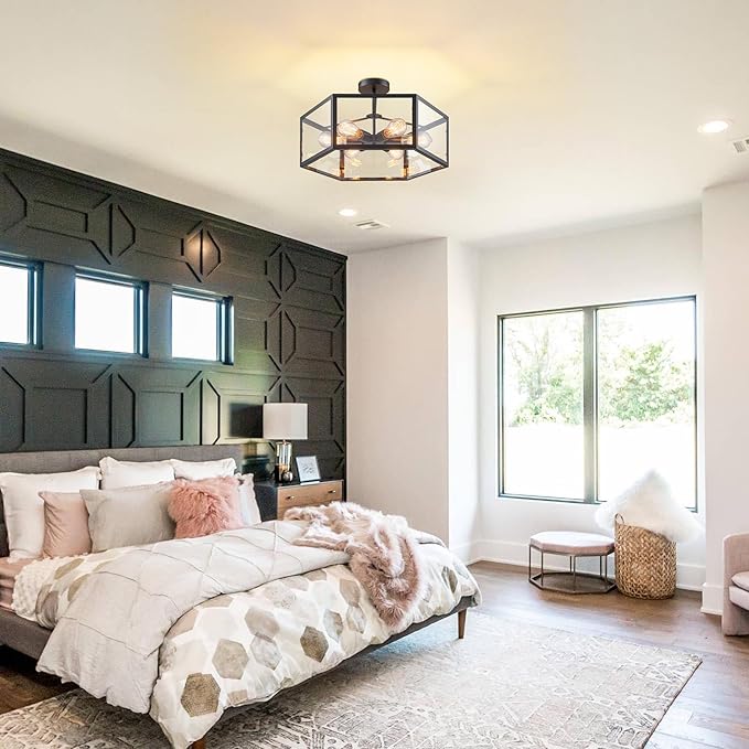 21.7" Farmhouse Semi Flush Mount Ceiling Light Fixture, Large Black Hallway Light Fixtures Ceiling, 6-Light Industrial Light Fixtures Ceiling Mount with Acrylic Shades for Kitchen Bedroom Bathroom