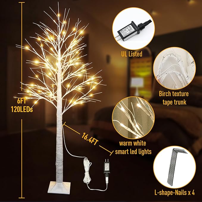 2Pack Smart 6FT Lighted Birch Tree with WW LED Lights for Home Decor, APP & Button Control, Music-Sync, Smart Timer, Multi-Tree Group Control, Indoor & Outdoor Decoration for Room Yard Patio Wedding