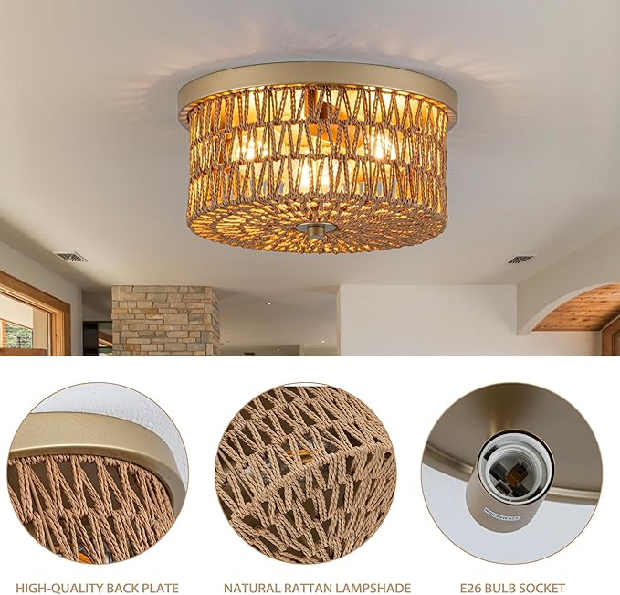 Rattan Ceiling Light, 3 Light Boho Light Fixture, Round Woven Flush Mount Ceiling Light for Entryway, Hallway, Bedroom, Kitchen