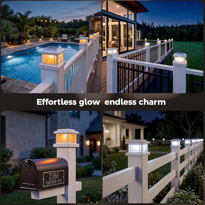 JOFIOS Flickering Flame Solar Post Cap Lights Outdoor, White Post Lights with 3 Color Temperature, Fits 3.5" 4" 4.5" 5" Wood/Vinyl Posts, IP64 Waterproof Fence Deck Lights for Garden Patio Yard 2 Pack