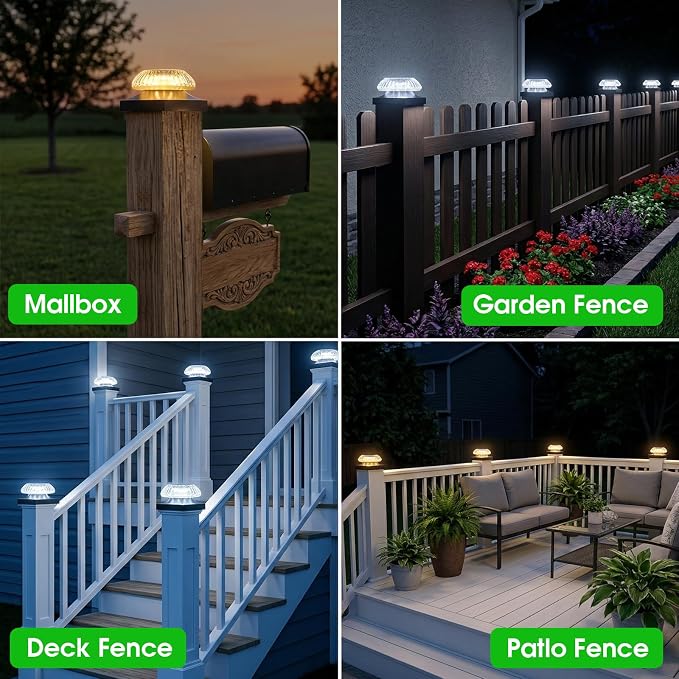 4x4 Solar Post Cap Lights 3 Color Modes,12 Pack Fence Post Lights Outdoor for Wooden/Vinyl Post, Waterproof Fence Lights Solar Powered Post for Fence Garden, Patio, Porch