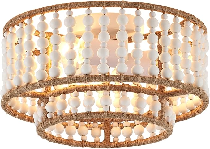 Boho Flush Mount Light Fixture Farmhouse, 3-Light Rustic Hallway Lights, Small White Bead Chandelier for Kitchen Entryway Laundry Nursery